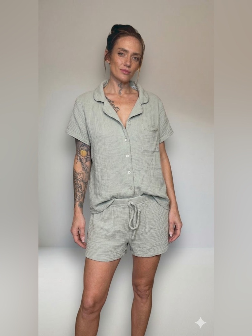 Born Light Sage Green Two-Piece Cotton Gauze Pajama Set
